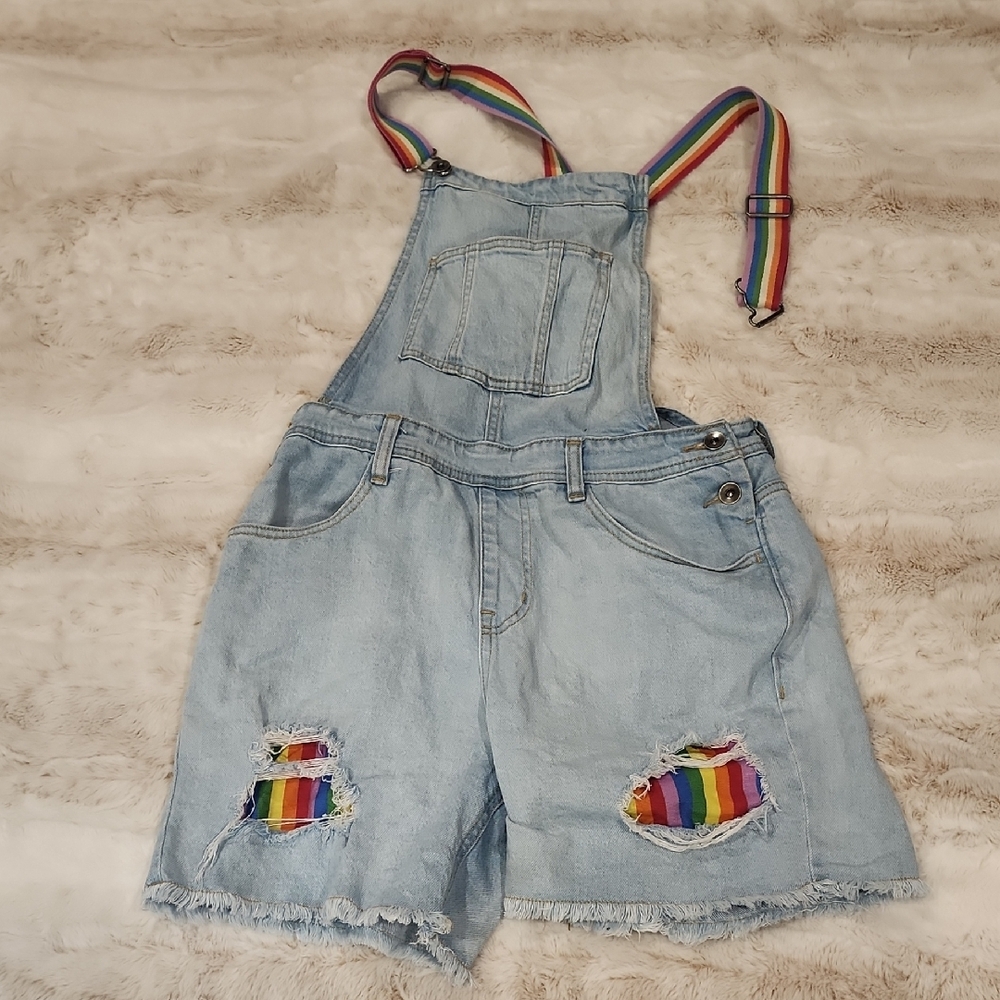 Pride!! Denim Overall Shorts with Rainbow Accents
